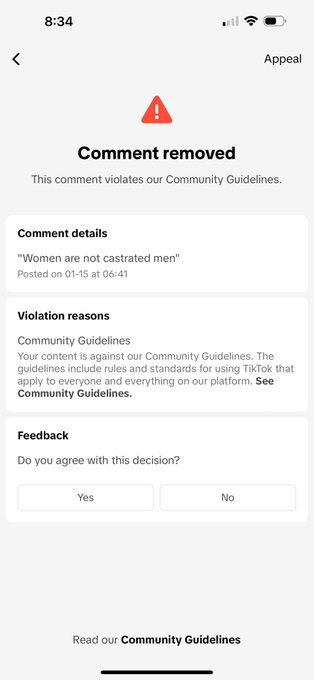 Saying  &ldquo;Women aren&rsquo;t castrated men&rdquo; gets you banned on TikTok. This is insane!! #censorship @libsoftiktok<a href="/tag/wtf"class="tags"><span>#wtf</span></a><a href="/tag/crazy"class="tags"><span>#crazy</span></a><a href="/tag/censorship"class="tags"><span>#censorship</span></a>