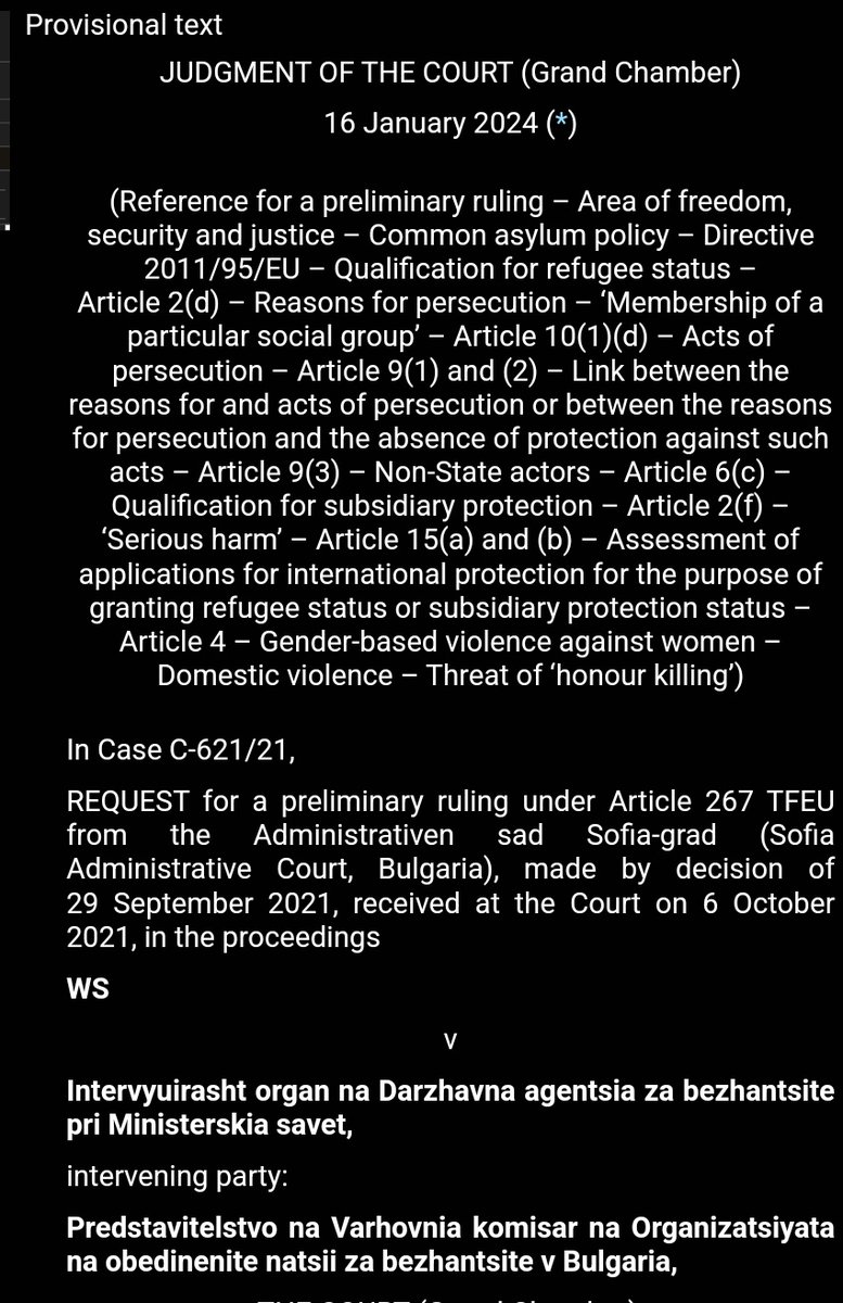 Today's CJEU judgment on violence against women and asylum law is now online in English - curia.europa.eu/juris/document… A thread on the main points 1/