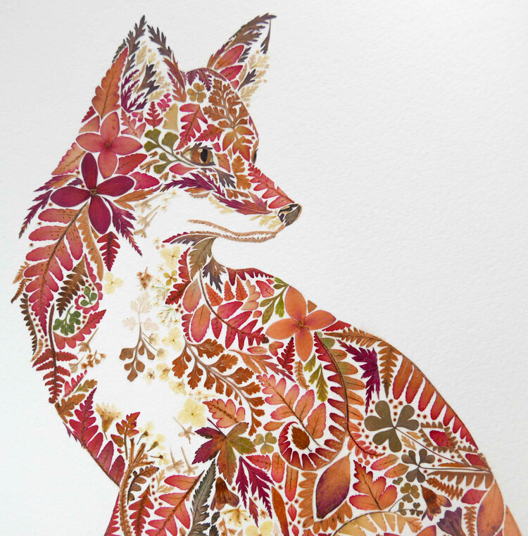 Fox by Helen Ahpornsiri, an artist who creates intricate collage artworks created with real pressed flora and foliage. #WomensArt