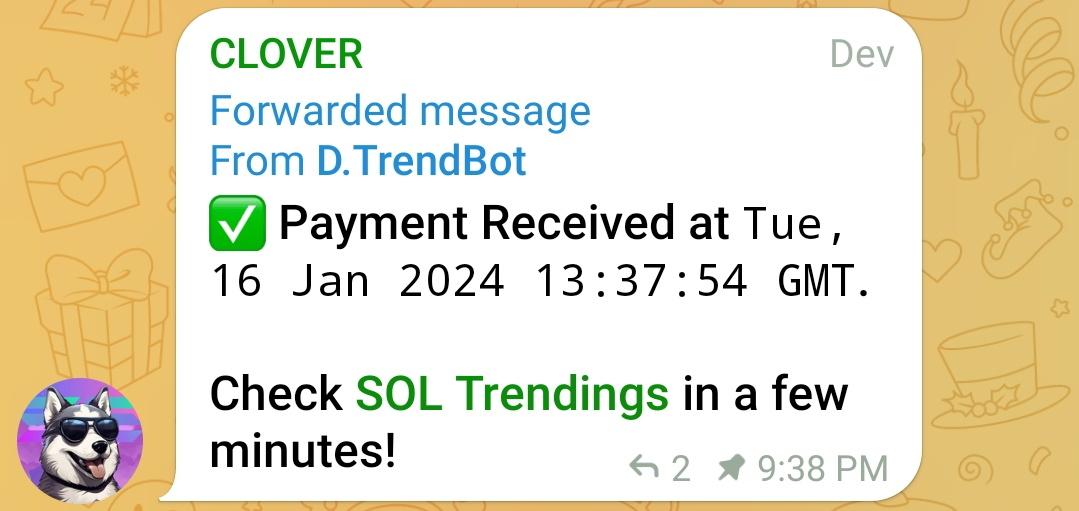 ✅ Payment Received at Tue, 16 Jan 2024 13:37:54 GMT.
        
Check SOL Trendings in a few minutes!

#CLOVER