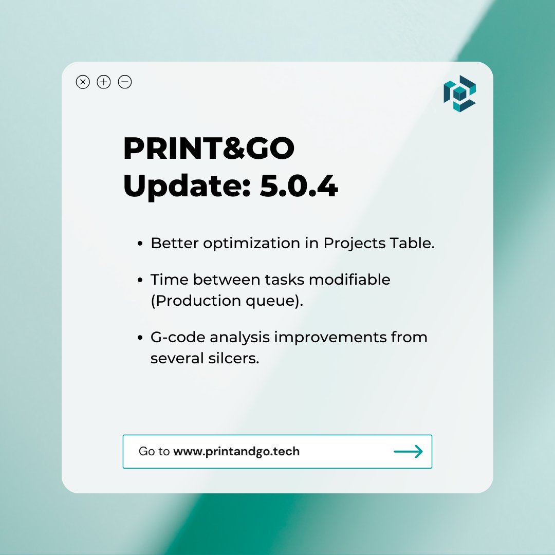 🚀PRINT&GO 5.0.4 is available now!
⚡️Faster loading and optimizations with Project table.
🕧Production queue, the margin between tasks is now customizable. 
🛠️G-code analysis improvements from various #slicers, such #Simplify3D or #PrusaSlicer.

#printandgo #software #3dPrinting