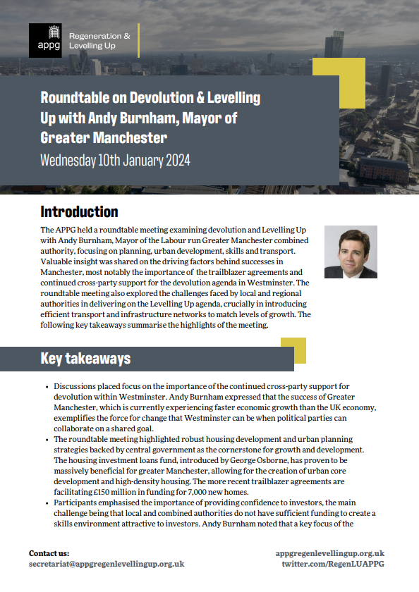 PLGRegeneration's tweet photo. The APPG held a roundtable meeting with Andy Burnham, Mayor of the Labour run Greater Manchester Combined Authority, focused on the Levelling Up agenda in the context of devolution, urban development, skills and transport.

See some of our key takeaways below.👇 https://t.co/1MQ3eDIbXr
