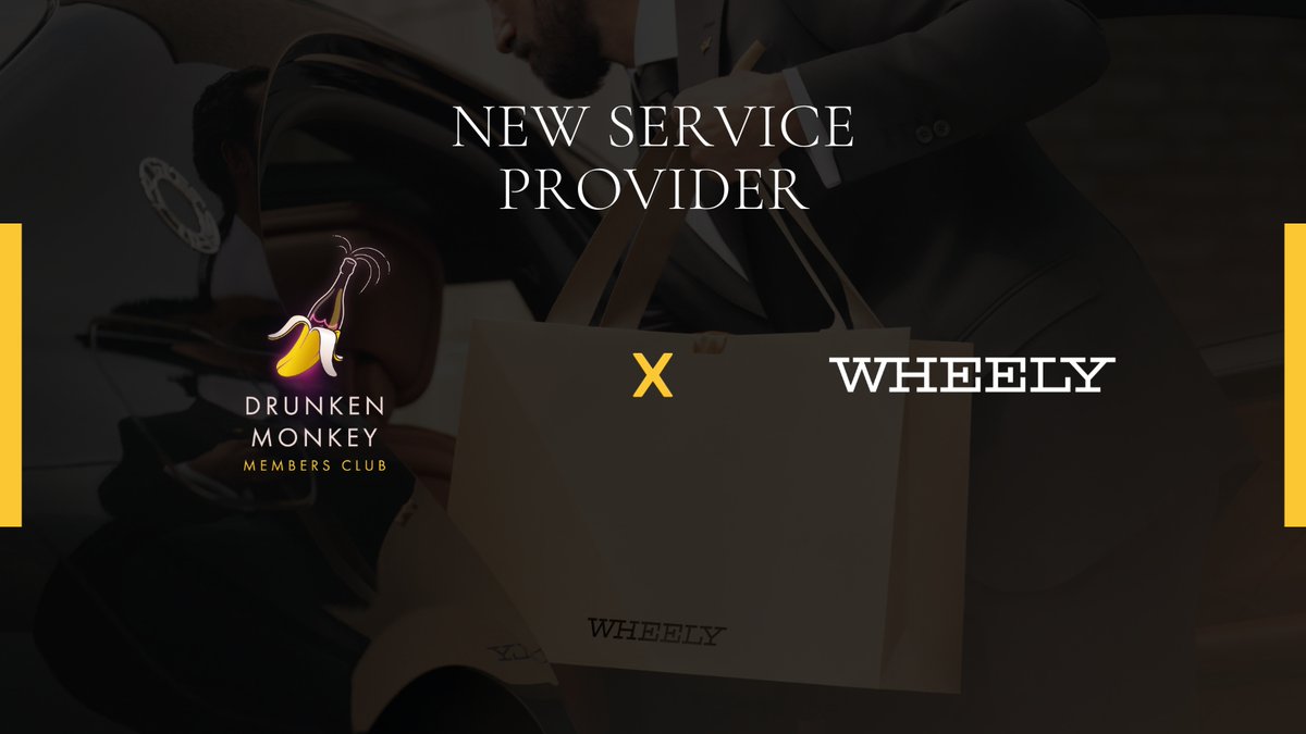 DrunkenMonkey's tweet photo. We are delighted to confirm a new fulfillment partnership with @wheely 

Members can now travel in style with the highest hospitality standards of Wheely, whether it's Airport transfers, Corporate Travel, Hospitality events or a more bespoke service including a luxurious chauffeur for the day. Any request will only be minutes away. 

Wheely coverage currently available in London, Paris, Moscow and Dubai through @DrunkenMonkey.

Memberships accessible by NFT ownership only!