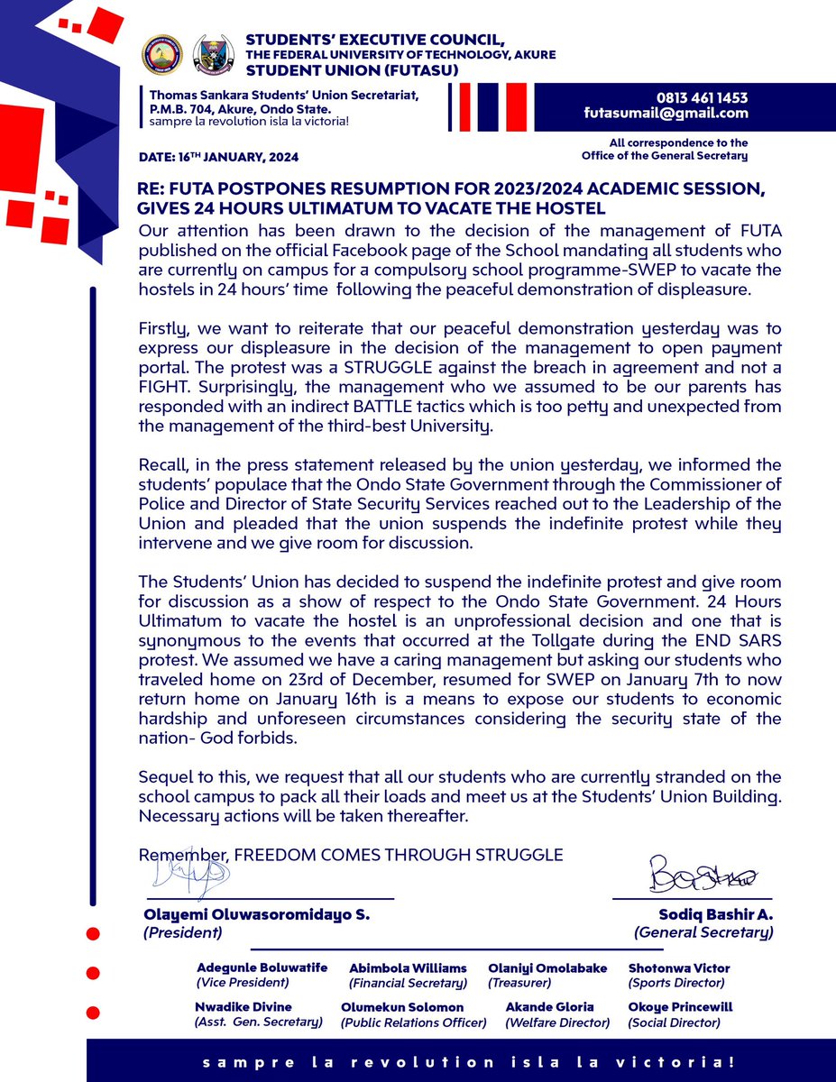 futasugovt's tweet photo. FUTA POSTPONES RESUMPTION FOR 2023/2024 ACADEMIC SESSION, GIVES 24 HOURS ULTIMATUM TO VACATE THE HOSTEL, FUTASU REPLIES FOR AFFECTED STUDENTS. https://t.co/SGbZNibwnb