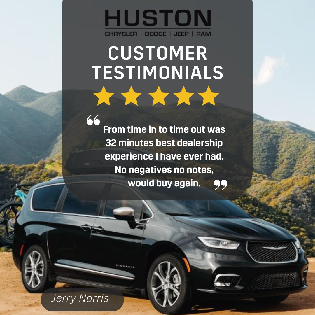 🌟 Customer Spotlight: ⭐⭐⭐⭐⭐
'Best dealership experience I have ever had'

#HappyCustomer #5StarExperience #HustonCDJR #Huston