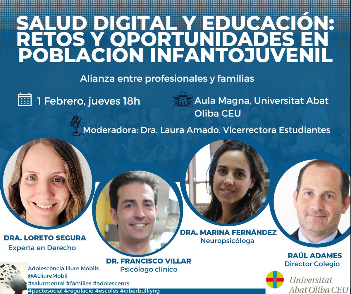 Us recomanem l'acte sobre #SalutDigital i #educació en infants i joves, que posarà en relleu la importància de l'aliança entre professionals i famílies. 
Un debat d'experts que es farà dijous 1 de febrer a les 18h a <a href="/UAOCEU/">CEU UAO</a> 
És gratuït i obert a tothom.
#AdolescenciaLliureMobil