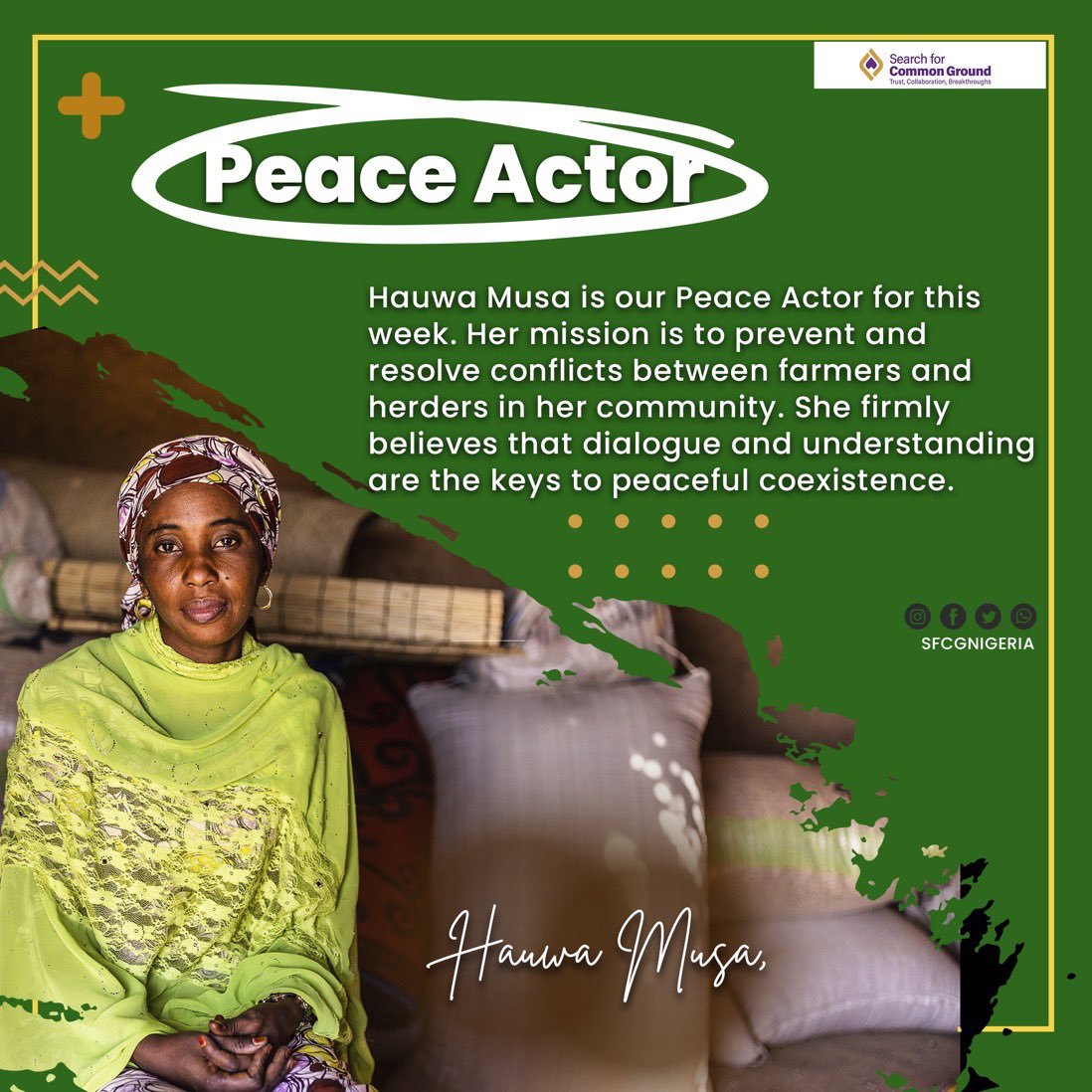 Mr_Emmcap__'s tweet photo. Hauwa Musa is @SFCG_ peace actor of the Week. Her mission is to prevent and resolve conflicts between farmers and herders in her community in Adamawa state. She believes that women are key stakeholders in any peacebuilding effort. Kudos to Hauwa.
#sfcgnigeria #peaceactor #Nigeria https://t.co/1maIV6tCQq