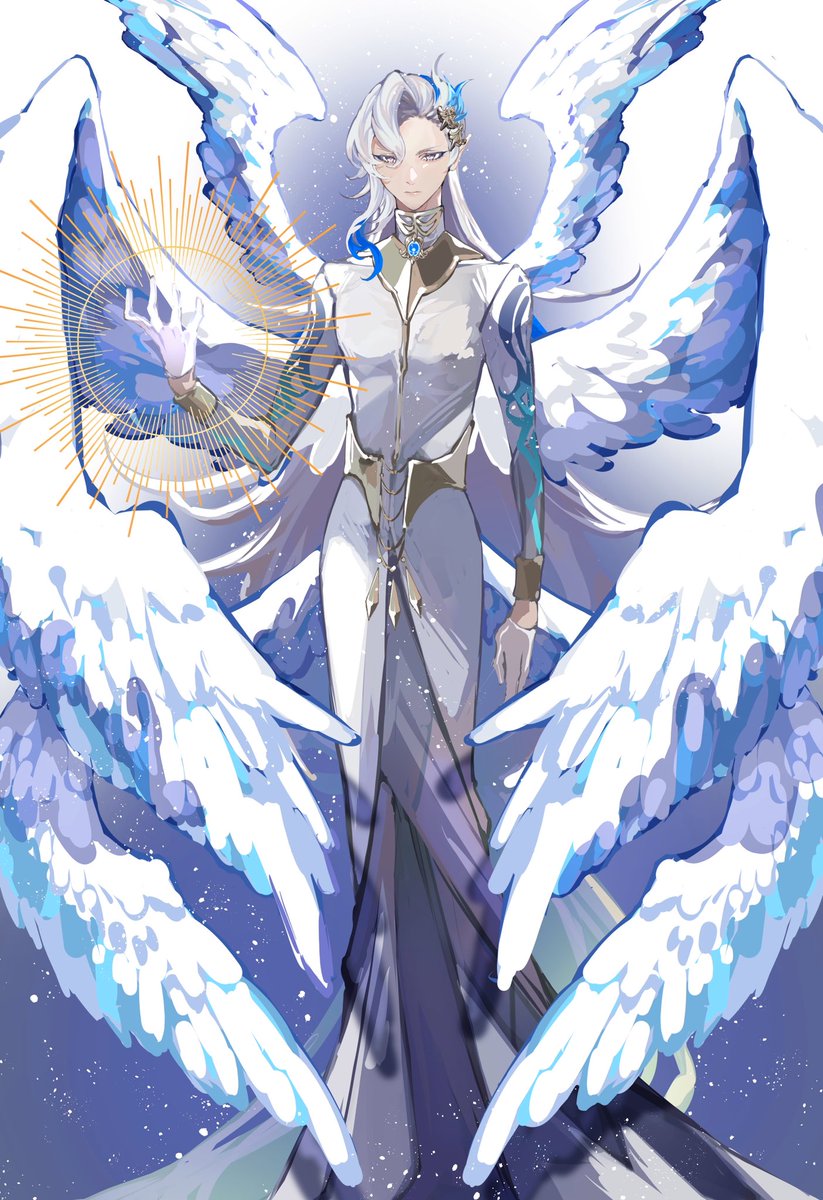 wings solo male focus 1boy long hair white hair multiple wings  illustration images