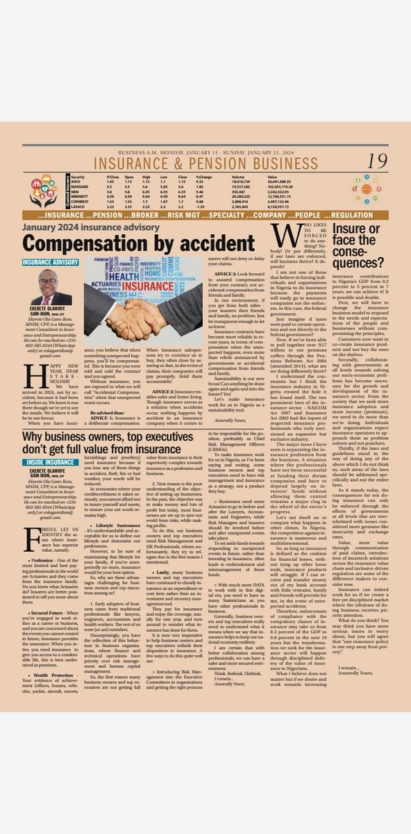 Olagamola's tweet photo. #BeAware #BeInformed #BeInsured #InsuranceWorks 
Wow! A full page dedicated to my write-ups in @businessamlive1 

Thanks @IsakpaPhillip and team for your support and collaboration to win the battle over ignorance in the insurance space. https://t.co/CT2eW7GdB1