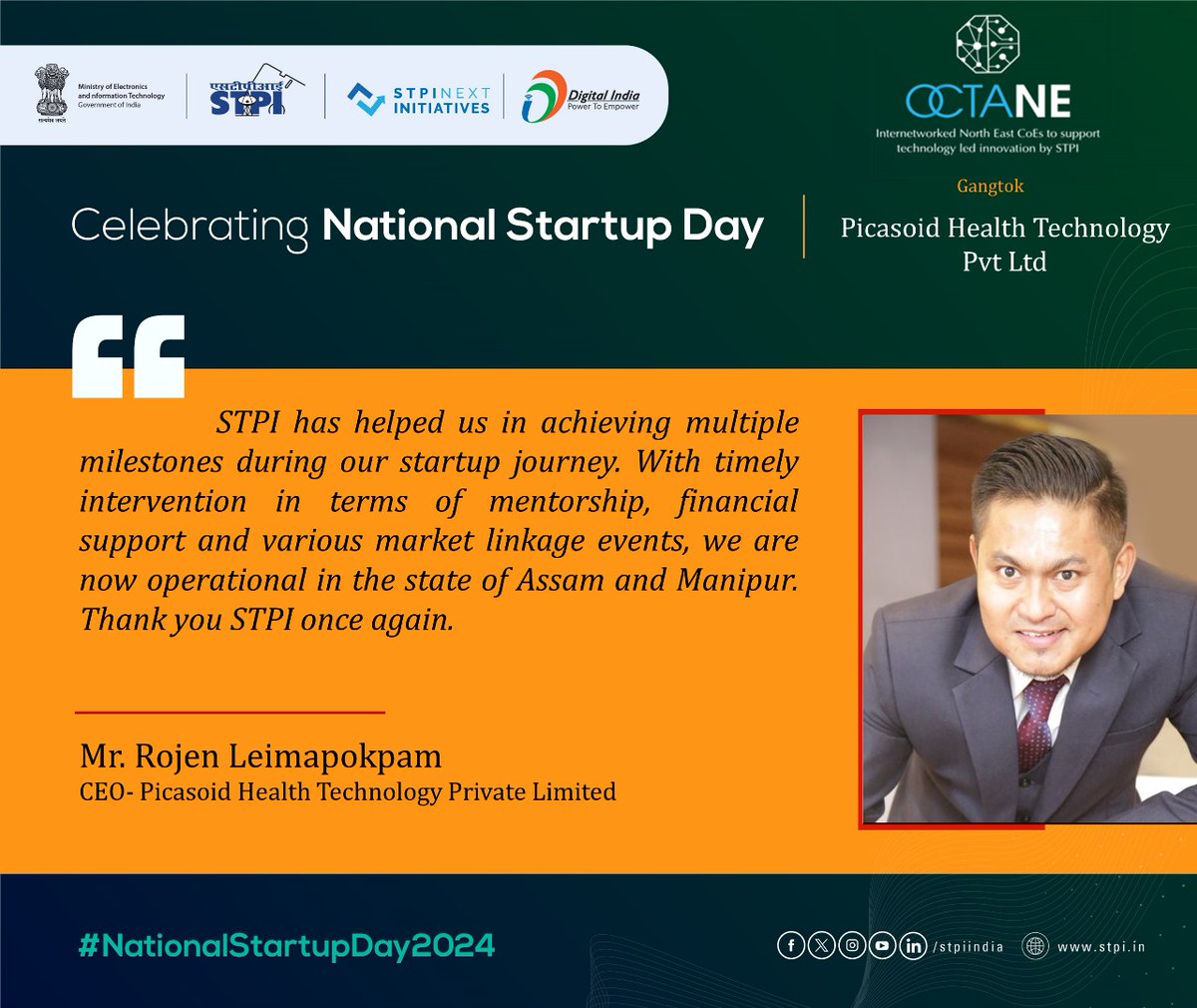STPI_OctaNE's tweet photo. Celebrating the success of #OctaNE CoE #Startup on the occasion of National Startup Day!
#NationalStartupDay2024 #TheNextWave #STPIStartupEcosystem
@Rajeev_GoI
@GoI_MeitY
@arvindtw https://t.co/wpPxmLb3s1