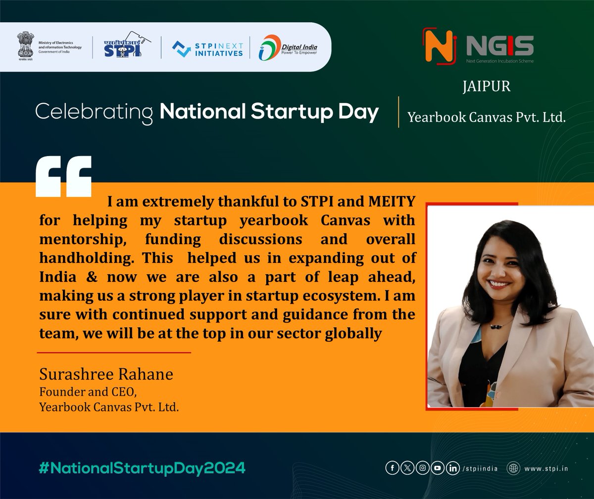 StpiJpr's tweet image. Ms. Surashree Rahane, Founder and CEO, Yearbook Canvas Pvt. Ltd. expressed her gratitude to @GoI_MeitY , @MSH_MeitY and @stpiindia for supporting their entrepreneurship journey.  #NationalStartupDay2024 #STPIStartupEcosystem #TheNextWave @_DigitalIndia @arvindtw @purnmoon
