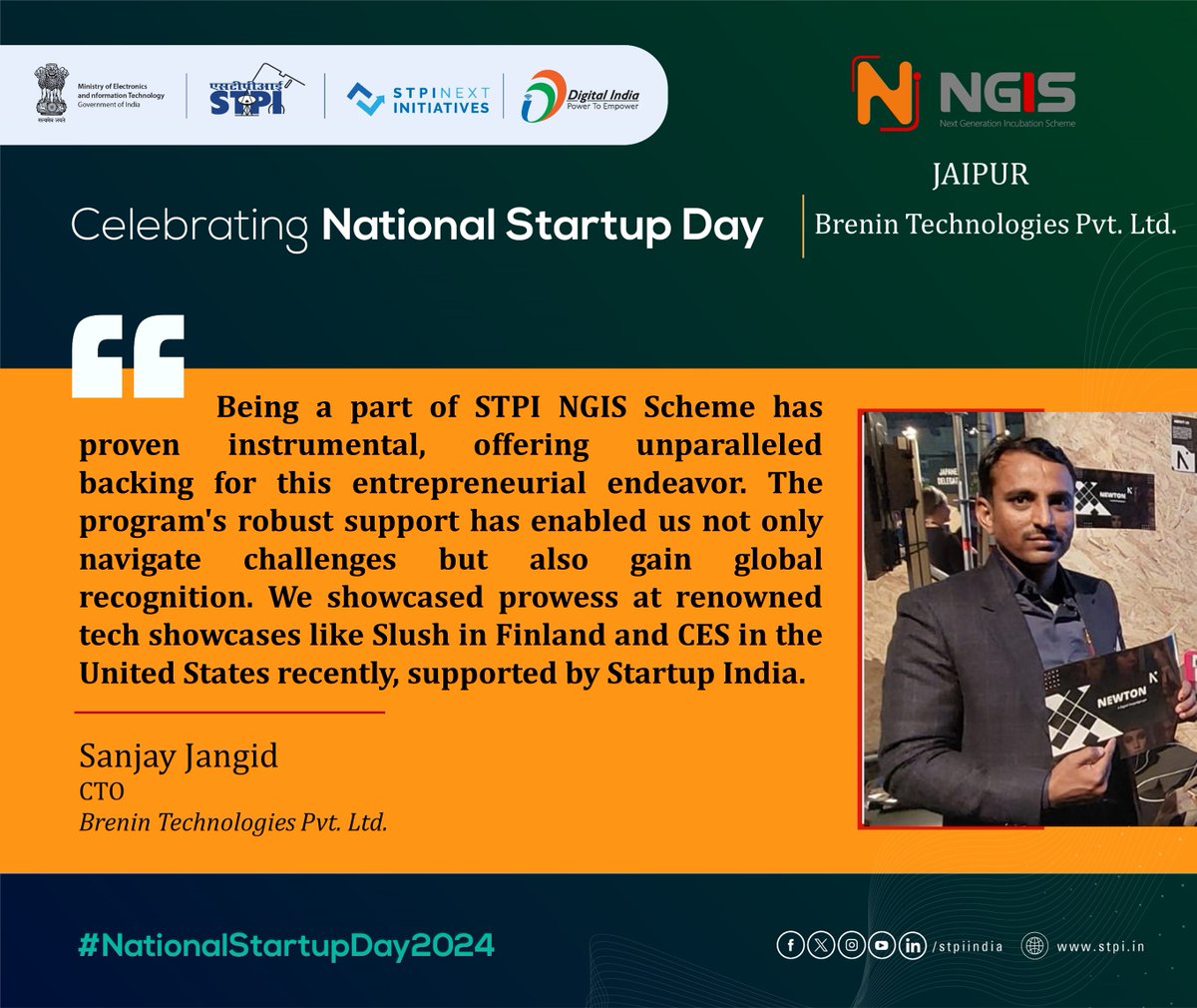 StpiJpr's tweet image. Sh. Sanjay Jangid, CTO, Brenin Technologies Pvt. Ltd. expressed his gratitude to @GoI_MeitY, @MSH_MeitY and @stpiindia for supporting their entrepreneurship journey.  #NationalStartupDay2024 #STPIStartupEcosystem #TheNextWave @_DigitalIndia  @arvindtw @purnmoon