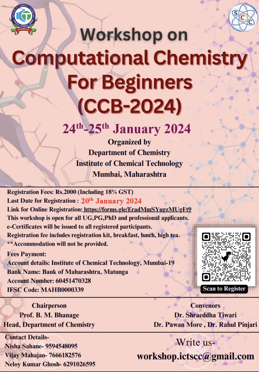YashRajput2808's tweet photo. Excitement✨ building as we approach the "Computational Chemistry Workshop for beginners" at the Department of Chemistry, ICT Mumbai on 24-25th January! ⏰ Countdown initiated! Haven't registered yet? Don't miss this opportunity! 📝 Register here:https://t.co/F9iVNGjoiV https://t.co/OypYVqPQv8