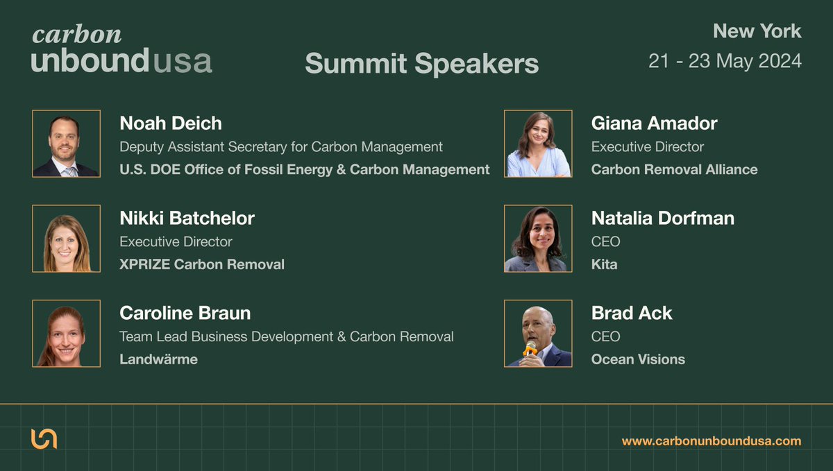 UnboundSummits's tweet photo. 🎤 The first wave of visionary speakers for #CarbonUnbound USA 2024 has been revealed! 🚀Join industry leaders, investors, and innovators shaping the future of #carbondioxideremoval. Secure your spot on the waitlist now: https://t.co/TpOfHJrsMC #CDR https://t.co/2wo7KoLtEm