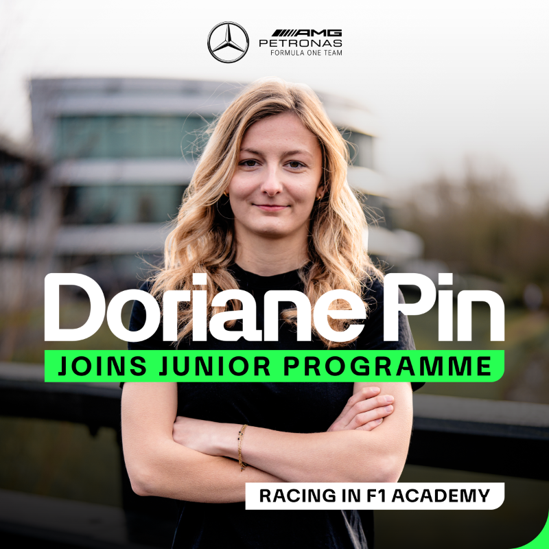 MercedesAMGF1's tweet photo. We're excited to announce Iron Dame @DorianePin has joined our Junior Programme and will be representing us in @f1academy this year 👏

The French driver will be racing with the support of the ground-breaking @IronDames_ project at @PREMA_Team  

Find out more 👇