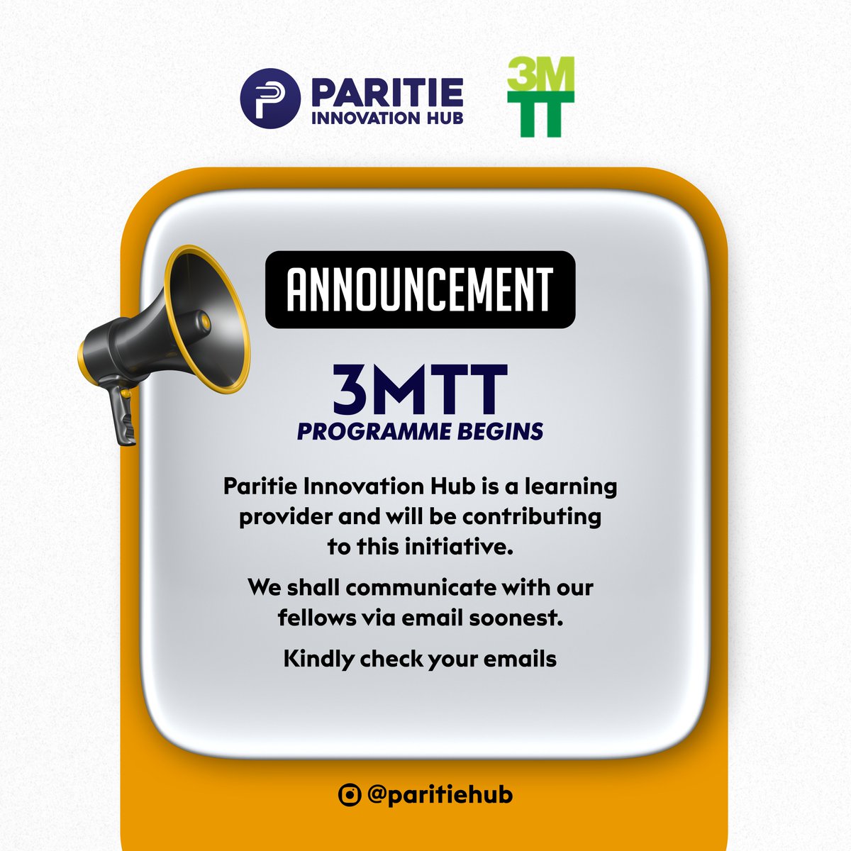Paritie Innovation Hub is honoured to be part of the 3 Million Technical Talent Program (3MTT). 

We can’t wait begin this transformative journey of imparting positively on the youths of Nigeria.

Fellows, see you in class!  

#cybersecuritytraining #3MTT #3MTTLearningCommunity