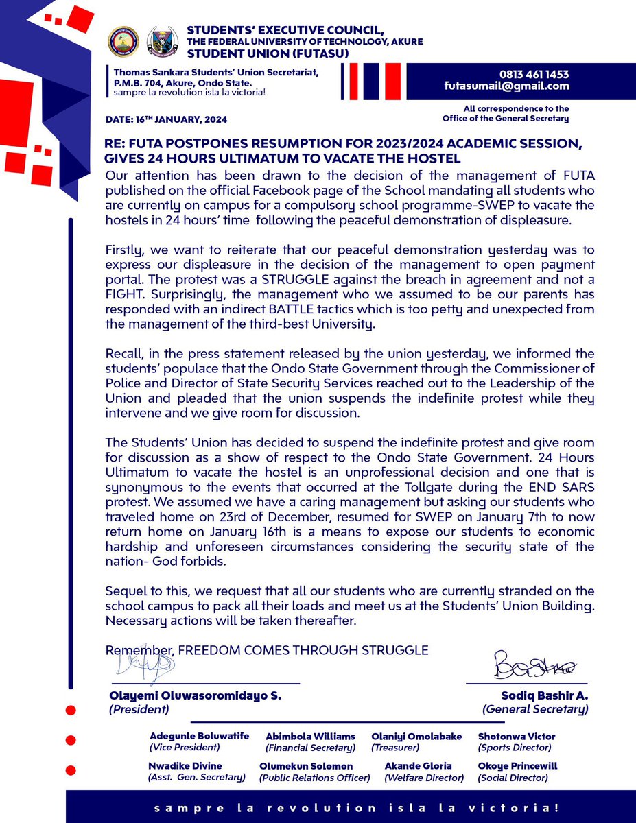 FutaBro's tweet photo. “We request that all our students who are currently stranded on the school campus should pack all their loads and meet us at the Students’ Union Building.” - FUTASU respond to the 24 hours ultimatum given to Hostel residents by the University Management after the Protest yesterday. #NoToIncrement