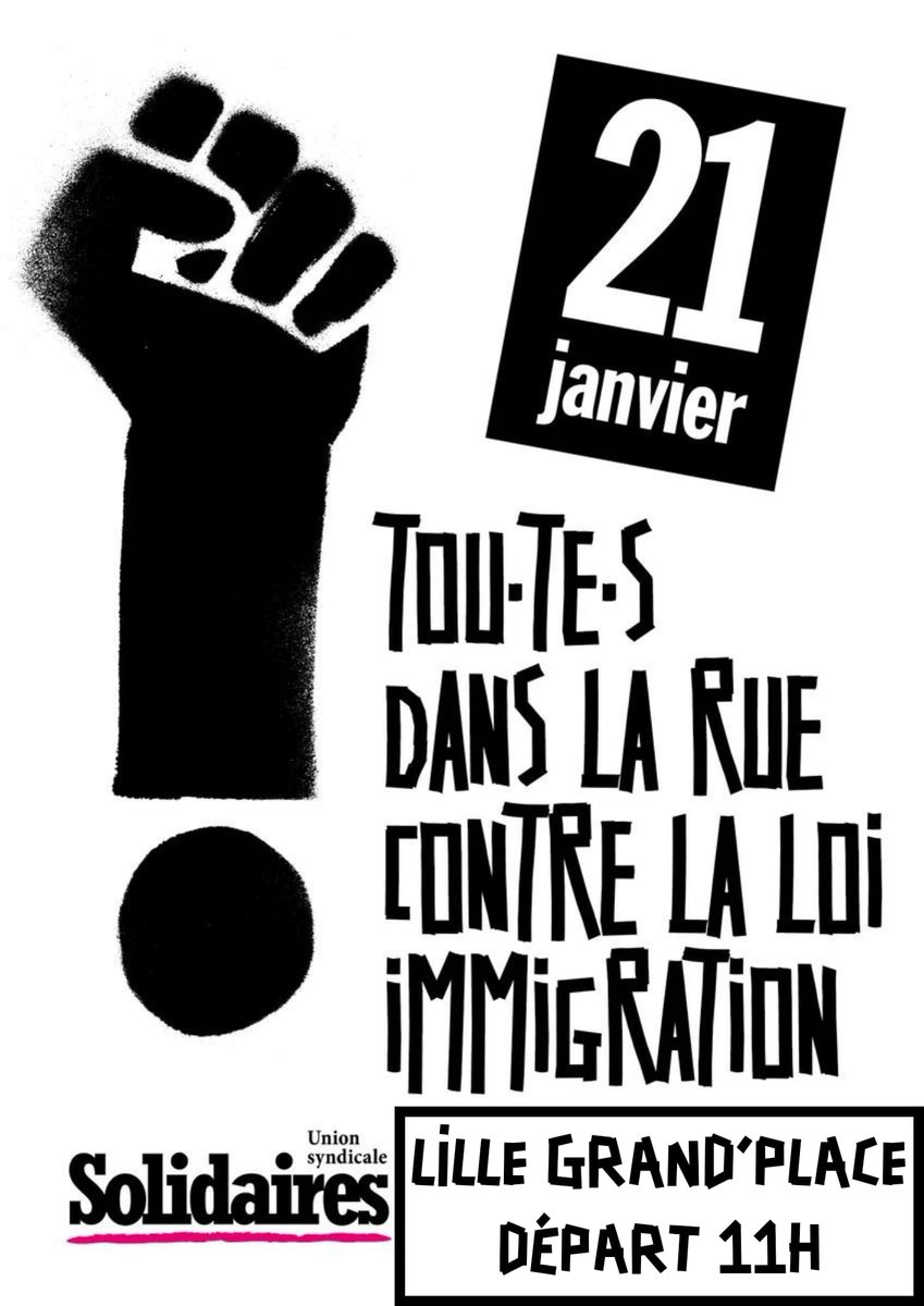 Soyons nombreux-ses dans la rue contre la loi immigration
📢 le 21 janvier rendez-vous 11h00 Grand'Place à Lille