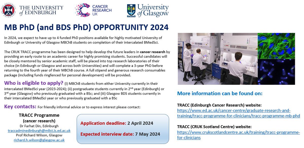 🩺PhD opportunities for MBChB or BDS students🩺 The TRACC Programme is recruiting medical or dental students looking to gain top quality research training as well as securing clinical qualification with @UofGlasgow or @EdinburghUni 👉Find out more: crukscotlandcentre.ac.uk/training/tracc…
