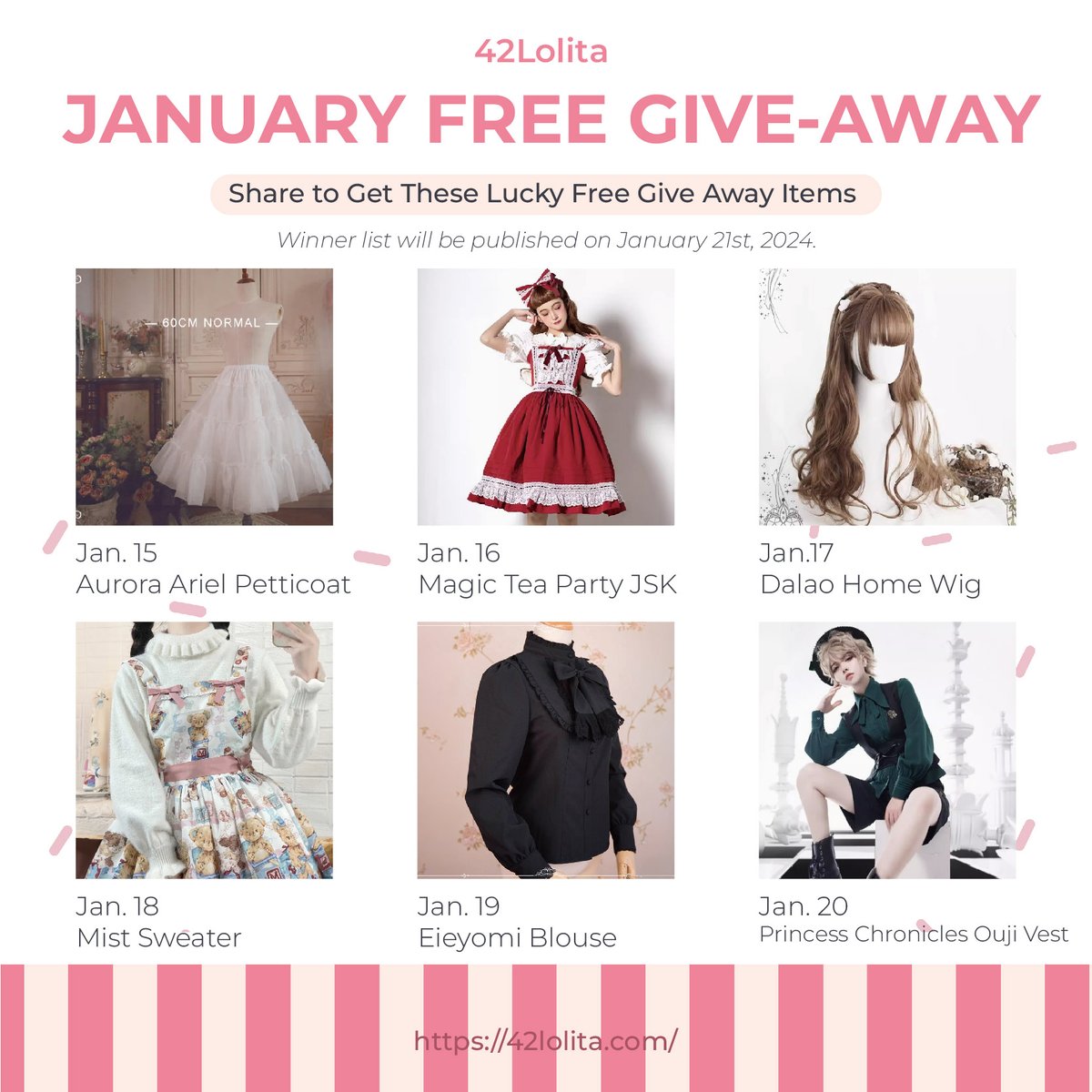 🎀 42Lolita's Spectacular January Giveaway! 🎀✨

 Share &amp; Win amazing Lolita-themed treasures! 🎁

👗 Fashionistas, don't miss out! Winners announced Jan 21, 2024.

#42LolitaGiveaway #LolitaStyle #WinBig #42lolita