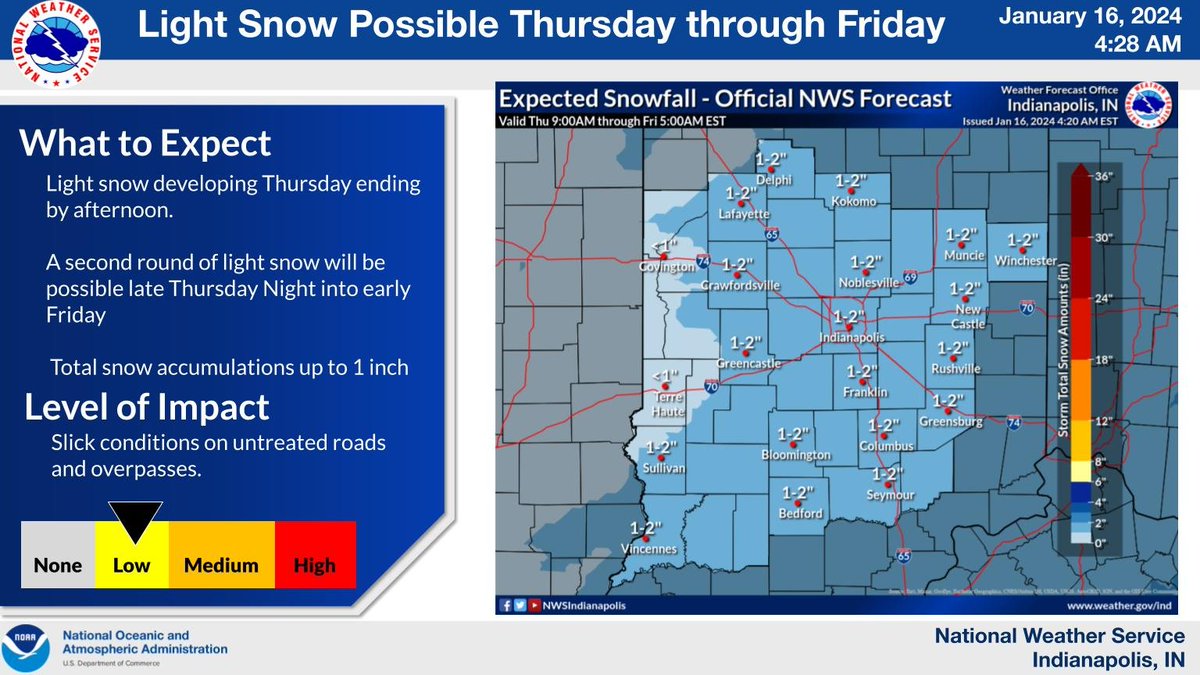 One to Two inches of snowfall is possible on Thursday into Friday.  If traveling, slick conditions will be possible on untreated side roads, bridges and overpasses. #inwx #indy