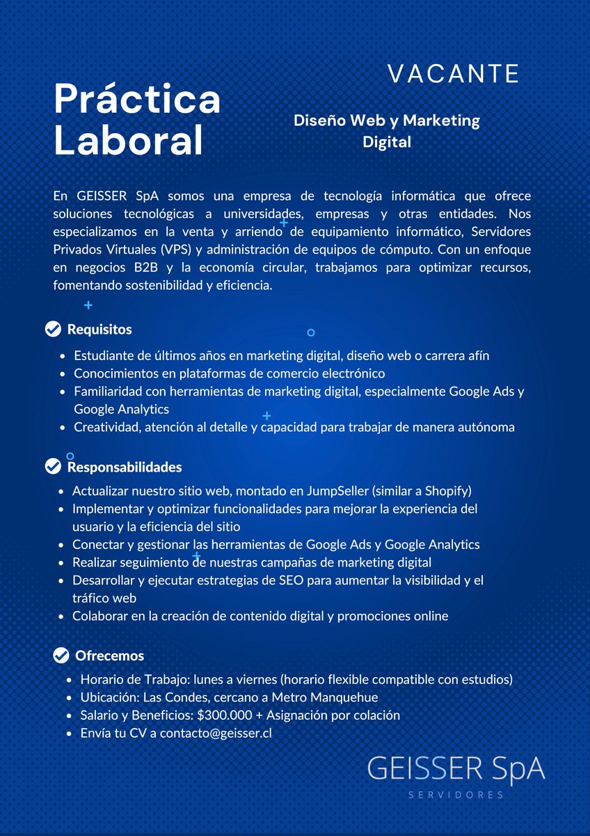 Nuestros amigos de geisser.cl buscan incrementar su equipo. Espacio de trabajo 100% recomendado

#informatica #web #redes #ofertalaboral #Chile