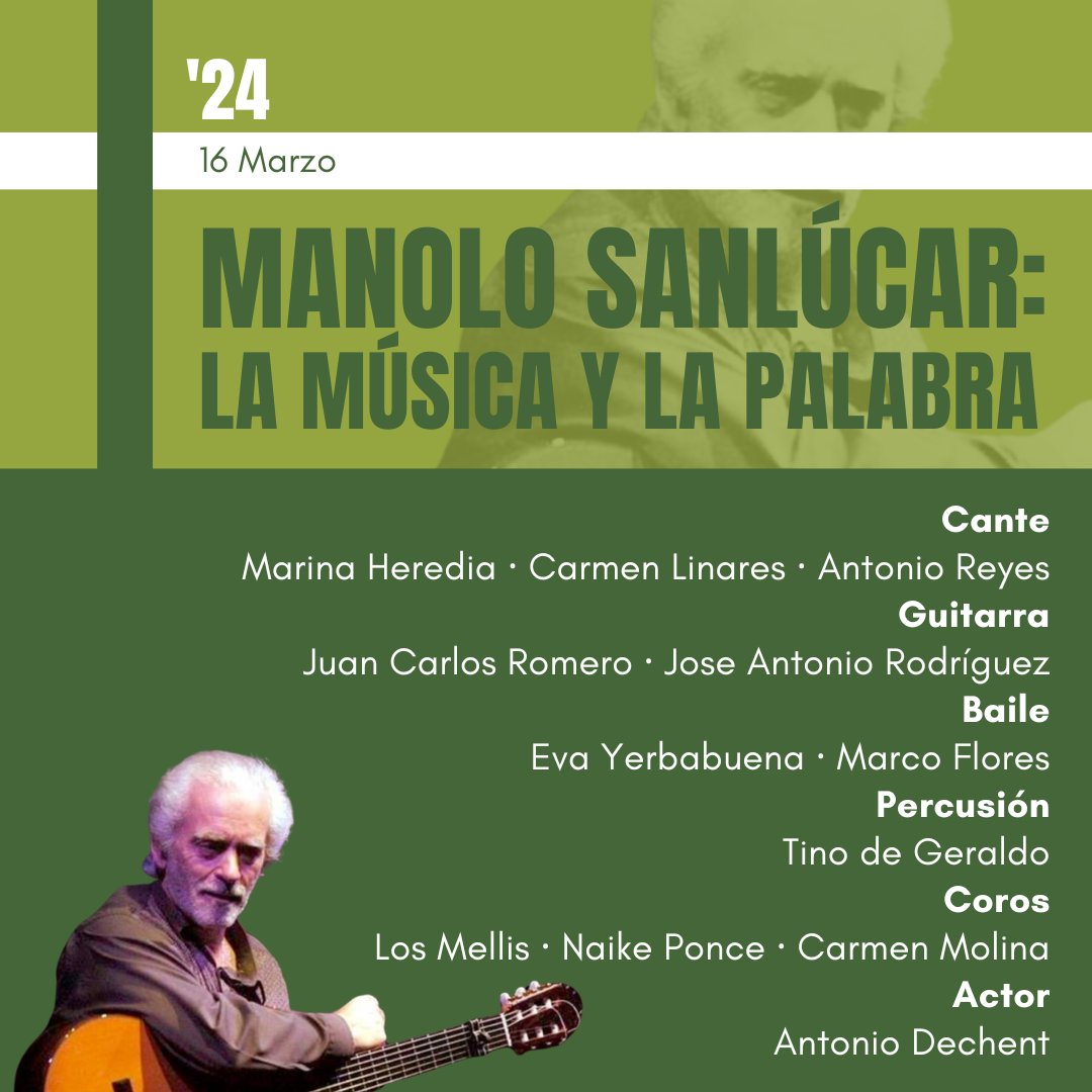 FestFlamencON's tweet photo. 16·3·24 19h
Teatre Zorrilla BDN

🎶 MANOLO SANLÚCAR: La Música y la Palabra

Toda la abrumadora riqueza de un personaje único es lo que descubrirán en este concierto - homenaje 
Más información y entradas en https://t.co/kdNchbCbvw
#flamenco #espectaculoflamenco #festivalflamenco https://t.co/7NyeG7pkTw