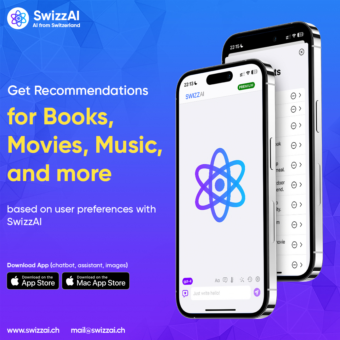 swizzai's tweet photo. SwizzAI curates personalized recommendations for books, movies, music, and more, all based on your unique tastes. 

📲Install this app now. 
https://t.co/60u4pspsWM

👉For more information visit us.
🌐 https://t.co/DSy3lUI4aR https://t.co/H6r73uFHhl