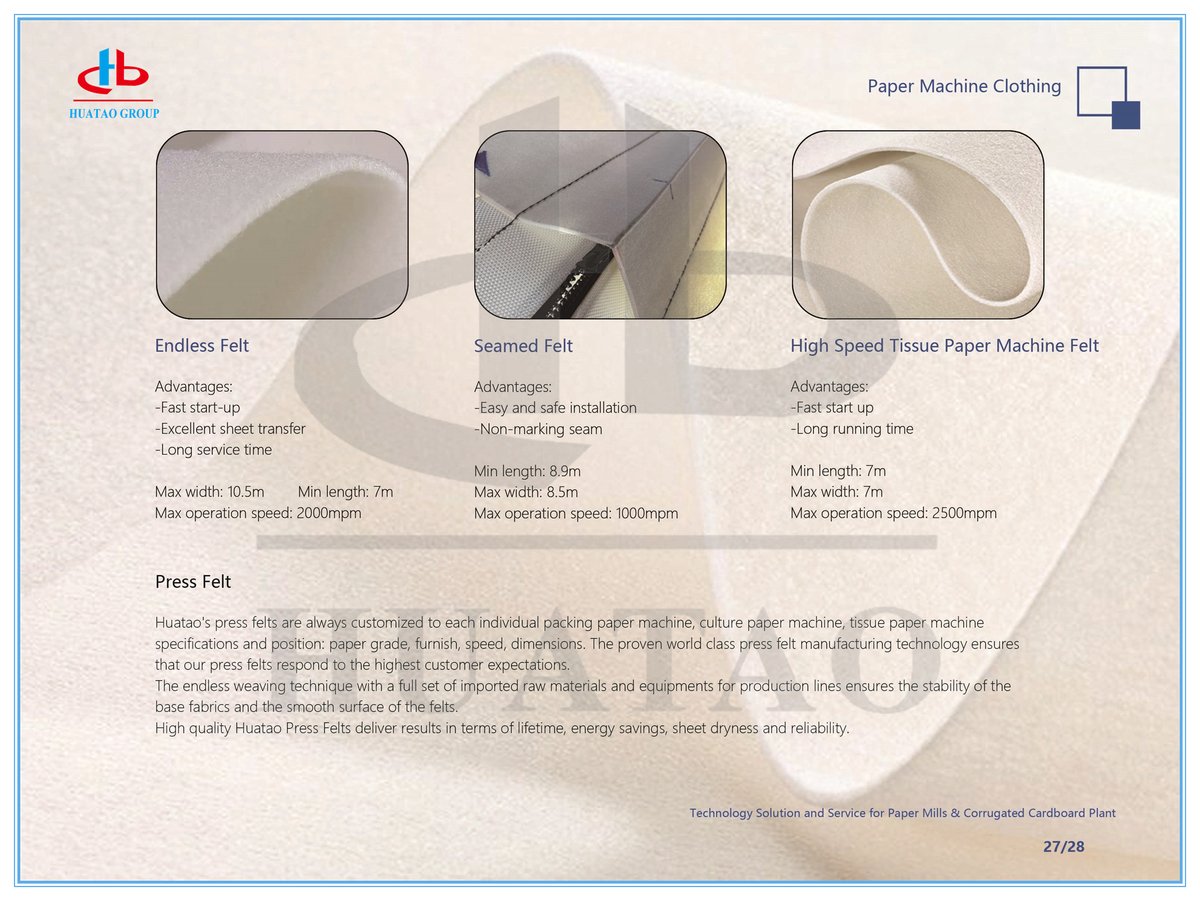 sandy67870421's tweet photo. #huatao Endless press felt, Seam press felt, Pick up, Paper making felt for paper mills.
Email:sandy@huataogroup.com App: +86 133 8311 0583 https://t.co/VEtzlsOY6g
https://t.co/kFgiaqeSeX
#pressfelt #pickupfelt #papermachinefelt #papermakingfelt #BOMfelt #papermills #paperindstry https://t.co/gk6AhZ0QJF
