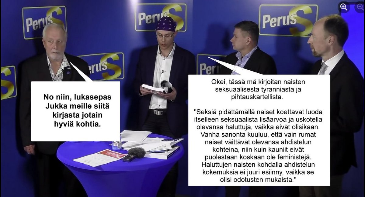 <a href="/nannainkeri/">Nanna Väätäinen</a> - Halla-ahon neuvoja nuorille naisille 2 pv. Kauhajoen koulusurmien jälkeen.
- #Hallaaho osasta naispuolista väestöä.
- Halla-aho toivoi viher-vasemmistolaisten naisten tulevan raiskatuiksi (muiden sijaan).
-Oli julkaisemassa Totuus Kiihottaa -kirjaa #persut tilaisuudessa.
1/2