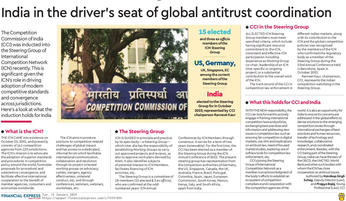 My article published in today's Financial Express regarding induction of @CCI_India in the Steering Group of International Competition Network  @IntCompNetwork for the 1st time under the leadership of Ms. Ravneet Kaur, Chairperson CCI. #AntitrustLaw #competitionlaw