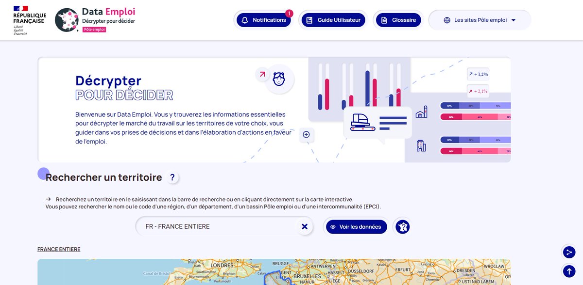 Pour soutenir l’emploi dans les #territoires, France Travail met à disposition de nombreuses données sur le marché du #travail 🔎

📲 #DataEmploi : un outil qui facilite les prises de décisions et les actions en faveur de l'#emploi ➡️ dataemploi.pole-emploi.fr/accueil #AvecFranceTravail