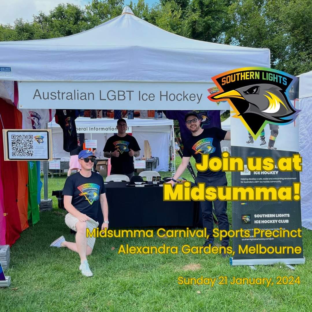 slicehockey's tweet photo. We'll be at the @midsummafestival Carnival Day this Sunday, 21 January, in the Sports Precinct.

Come down to say hi and have a chat about all things hockey!

#icehockey #Melbourne #pride #midsummacarnival #midsumma #lgbtqi #Australia #hockeyisforeveryone #sportsisforeveryone https://t.co/zO7LKDcBGc