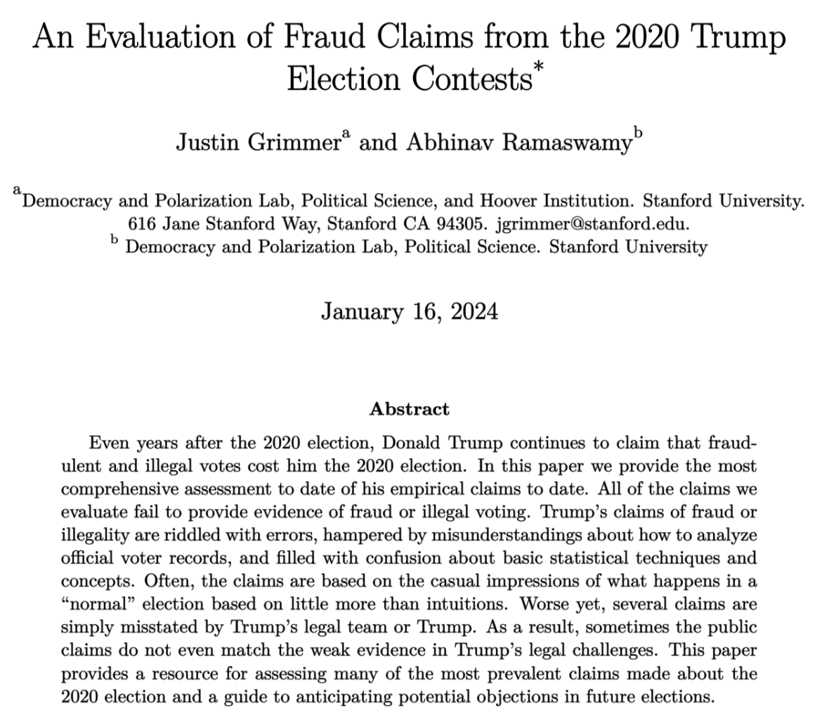 In a new working paper Abhi Ramaswamy and I provide the most comprehensive evaluation, to date, of the empirical claims made in Trump’s lawsuits after the 2020 election. All of the claims we evaluate fail to provide evidence of fraud or illegal voting. shorturl.at/zEJR2