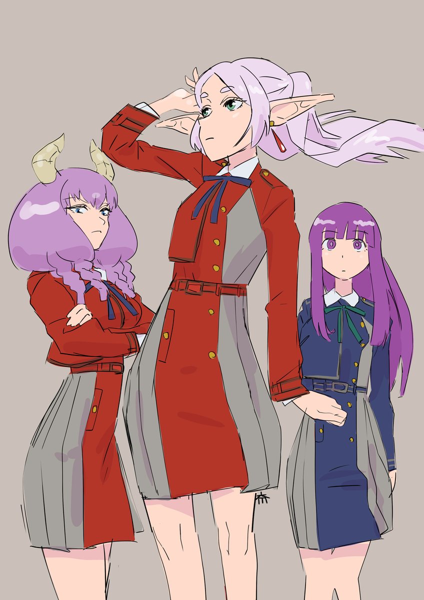 fern (sousou no frieren) ,frieren ,inoue takina lycoris uniform purple hair multiple girls cosplay 3girls red dress dress  illustration images