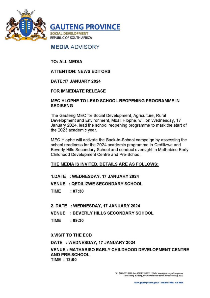 1️⃣ day to go until Gauteng public schools reopen for the 2024 academic year. MEC @MbaliHlopheSA will conduct oversight visits to monitor the state of readiness of Schools & Early Childhood Development Centres(ECDs) at @SedibengDM. #GPBack2School2024 #GrowingGautengTogether