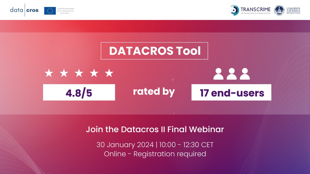 DatacrosIII's tweet photo. 🏆 4.8/5 🏆
This is the outstanding rating that the #DATACROS tool has received from 17 end-users: public and law enforcement agencies, investigative journalists, civil society. 

Curious to know why? Join our final #webinar! 
🗓️ 30 Jan | Online

Register: https://t.co/GEjzFpcLZp https://t.co/dnl3YAQ4Jk