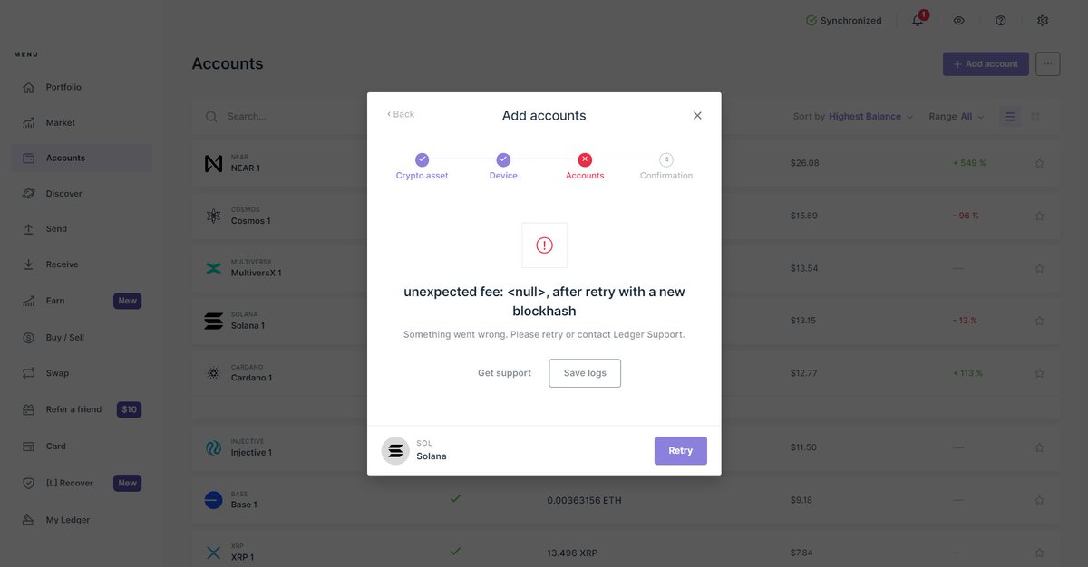 🚨 Hey #Solana users! $SOL users might face 'Unexpected fee <null>, after retry with a new blockhash' error when adding new accounts in Ledger Live 🐞 We're working on a fix🔐 Workaround🛠️ - Use Ledger with Solflare or Phantom to add a new #SOL account Learn more:…