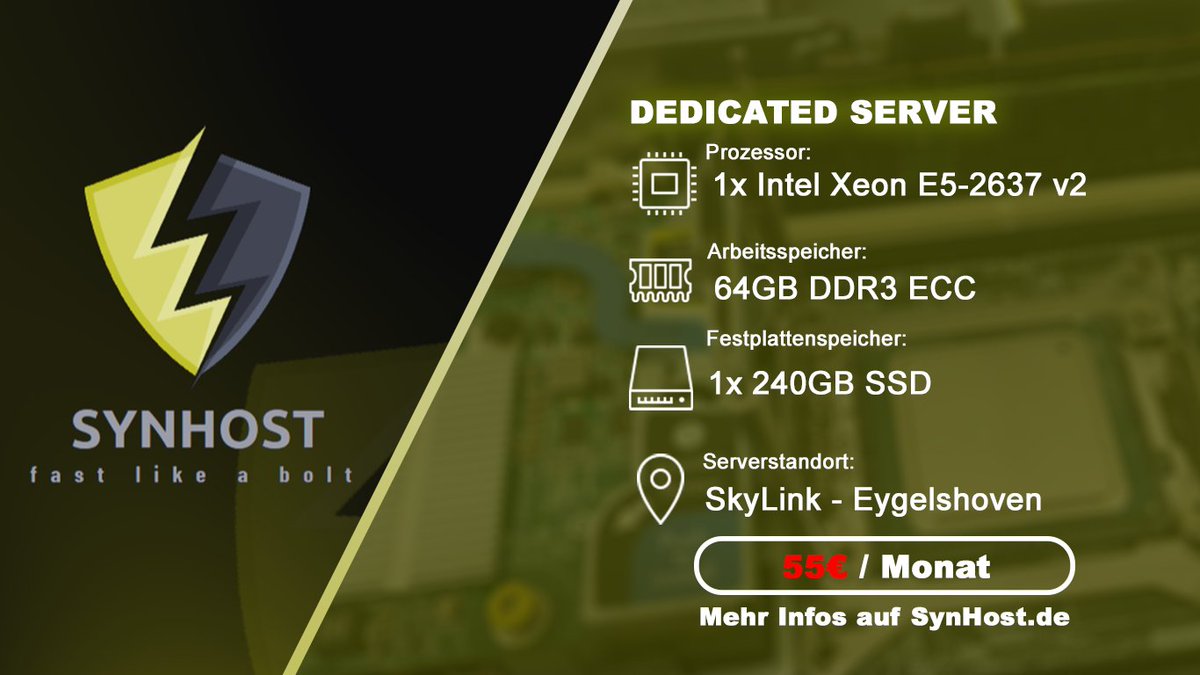 SynHost_de's tweet photo. 🔥DEDICATED SERVER - Sofort verfügbar🔥

Intel Xeon E5-2637 V2:

• 64GB DDR3 ECC RAM
• 1x 240GB SSD Speicherplatz
• Inklusive Standard DDoS Protection &amp; Fair-Use Traffic
• Standort: SkyLink - Eygelshoven

💰STATT 65€ JETZT FÜR 55€ IM MONAT💰
Jetzt zuschlagen! https://t.co/BwB2umfEpI