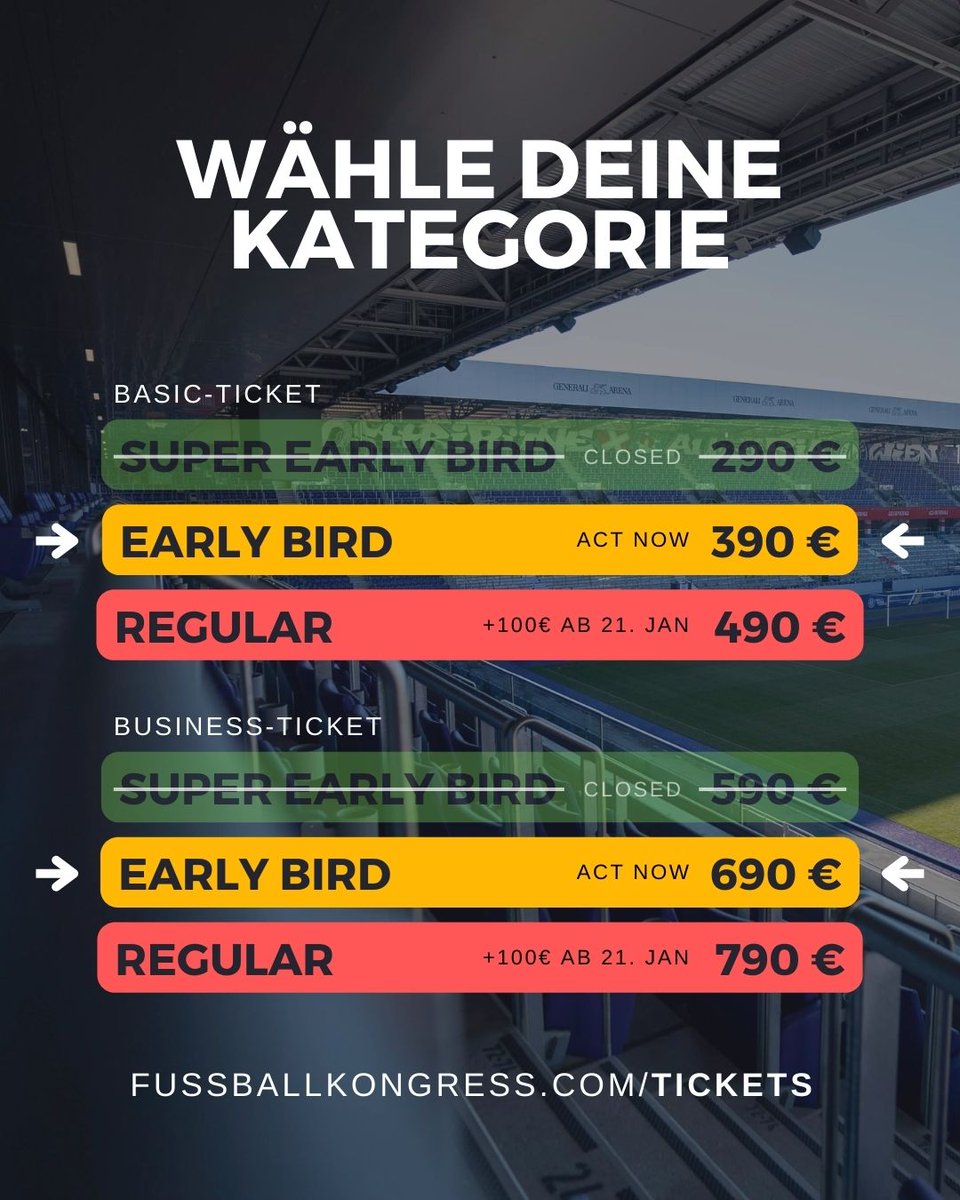 Early Bird-Tarif endet diese Woche... 

Du hast nur mehr 5 Tage Zeit, um 100€ für deine Teilnahme beim FUSSBALL KONGRESS am 21. Februar in Wien zu sparen! Sichere dir jetzt dein Ticket im Early Bird-Tarif &amp; spare bares Geld, bevor wir die Preise anpassen: bit.ly/47ARhtN