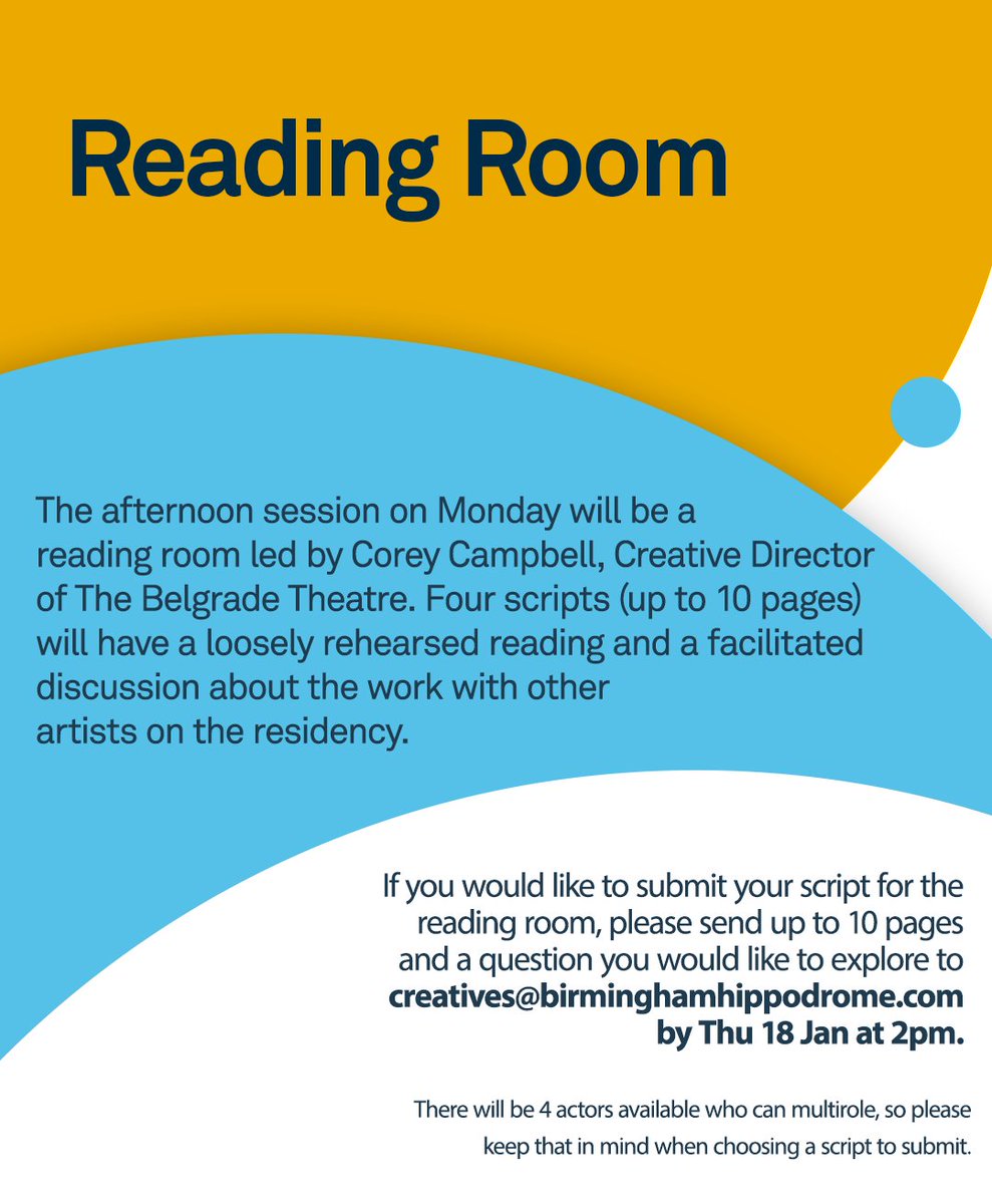 As part of Gathering Residency with @brumhippodrome and @TalawaTheatreCo, our Creative Director @Campbell1Corey will lead a Reading Room. 🔥 Send your scripts by Thurs 18 Jan to creatives@birminghamhippodrome.com to get them read and discussed!👇