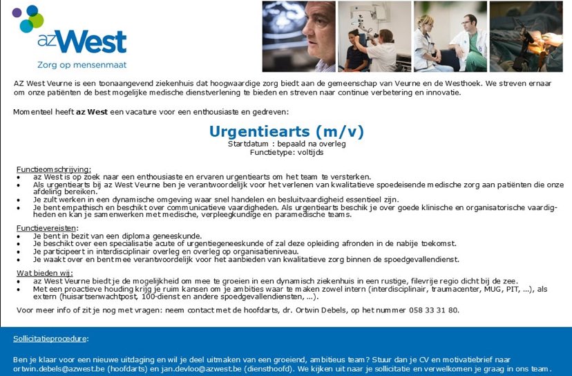 JanDevloo's tweet image. Ben je een gedreven urgentiearts die wilt groeien in een dynamisch team? Wil je je ambities waar maken vlakbij de zee? Dan is deze vacature misschien iets voor jou! 
Neem vrijblijvend contact met mij of dr. Debels; we staan u graag te woord met meer uitleg. (jan.devloo@azwest.be)