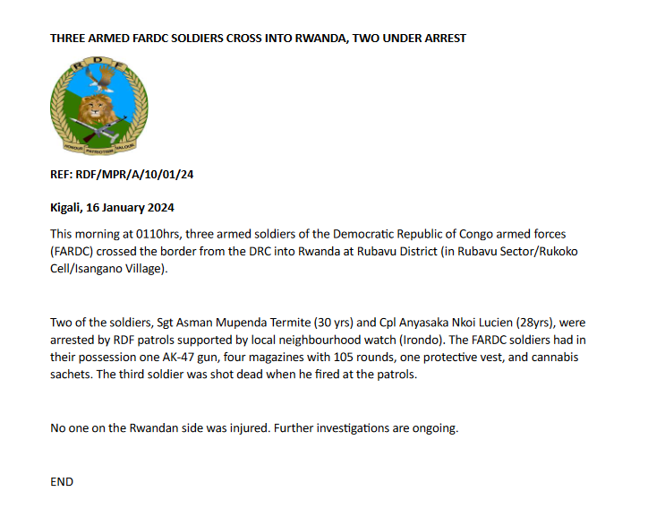 RwandaMoD's tweet photo. This morning at 0110hrs, three armed soldiers of the Democratic Republic of Congo armed forces (FARDC) crossed the border from the DRC into Rwanda at Rubavu District (in Rubavu Sector/Rukoko Cell/Isangano Village).  https://t.co/jrDeUdCeK8 https://t.co/BfK5boHmGQ