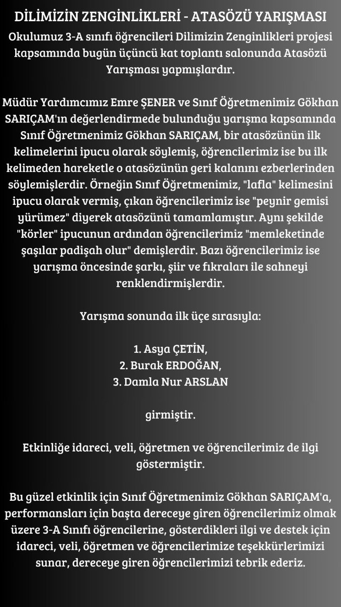 IlkokuluSeyh's tweet photo. Dilimizin Zenginlikleri projesi kapsamında Okulumuz 3-A Sınıfı öğrencileri Atasözü Yarışmasında yarıştı (Ayrıntı ikinci resimde).
#sivasvaliliği #sivasmem #sivashedefprojesi #sivashedef #sivasmirasprojesi #miras
@sivasvaliligi
@sivasmem
@valisimsek
@necatiyener_ https://t.co/hTg9Jz43LU