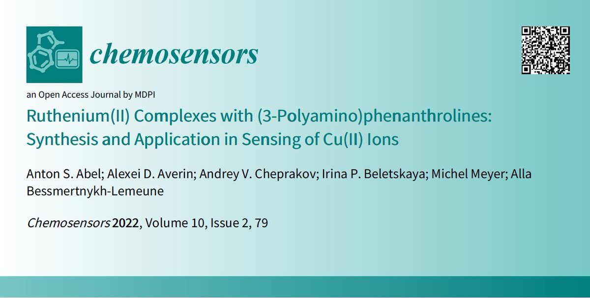 chemosens_MDPI's tweet image. #Article Highly-Cited Paper
Ruthenium(II) Complexes with (3-Polyamino)phenanthrolines: Synthesis and Application in Sensing of Cu(II) Ions by Anton S. Abel et al.   

👉mdpi.com/2227-9040/10/2…

@MDPIOpenAccess @MSU_1755 @Univ_BFC @CNRS

#Ruthenium #Sensing #Cu #Ions #chemical