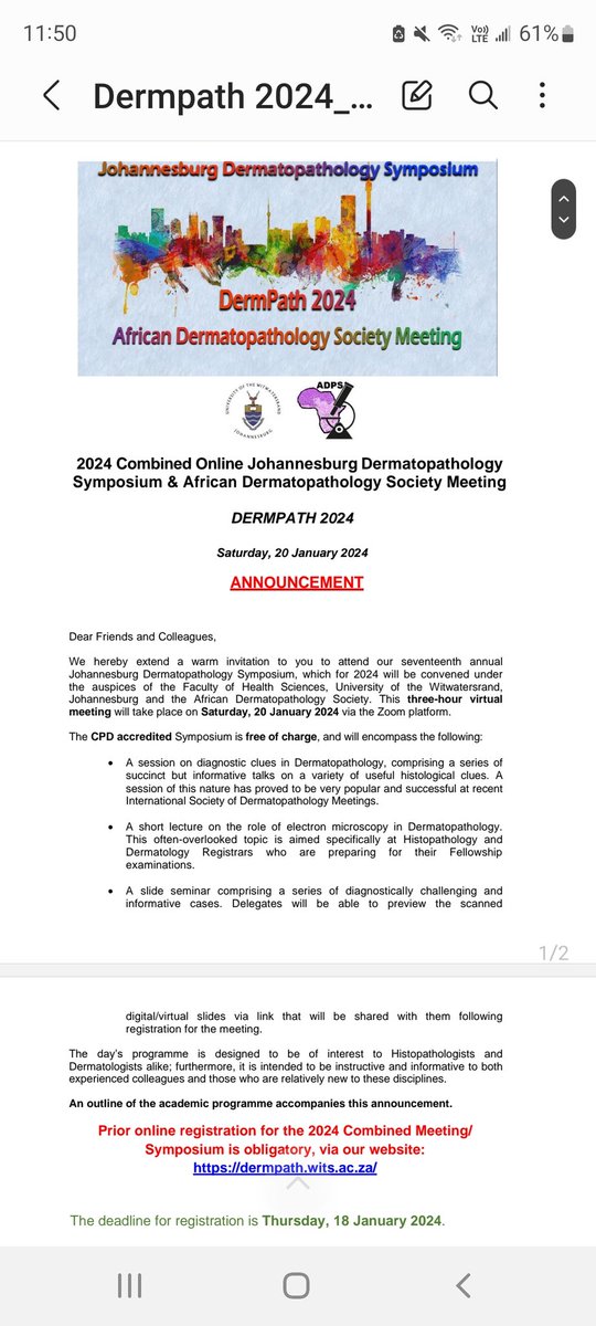 Dear Dermpath friends
It's my pleasure to invite you to the upcoming African Dermatopathology meeting held in conjunction with Johannesburg Symposium on Dermpath as a virtual meeting on 20th Jan 2024. Registration is free and deadline is Jan 18th. Good luck!