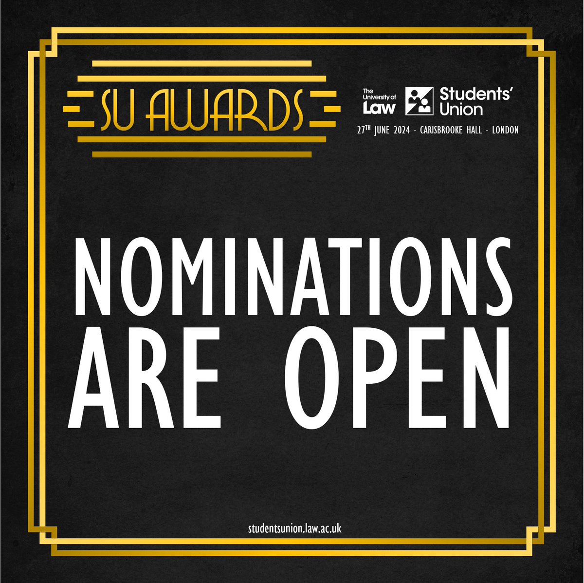 ULawStudents's tweet image. 🥳 Nominations are open for the 2024 SU Awards! 🎉

Let's celebrate those members of the University community who go above and beyond to make student life that little bit easier.

Nominations are open until 20/03/24. 

Visit studentsunion.law.ac.uk/su-awards to learn more and nominate!