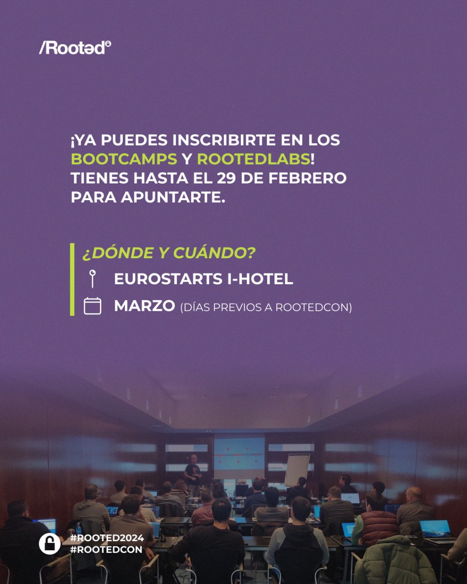 ¡Abrimos el registro para las formaciones de #RootedCON2024! 😎
Tanto los #Bootcamps (3 días) como los #RootedLabs (8h) se realizarán durante los días previos al congreso. Además, el registro a cualquier Bootcamp incluye la entrada a RootedCON. 
+ info en rootedcon.com