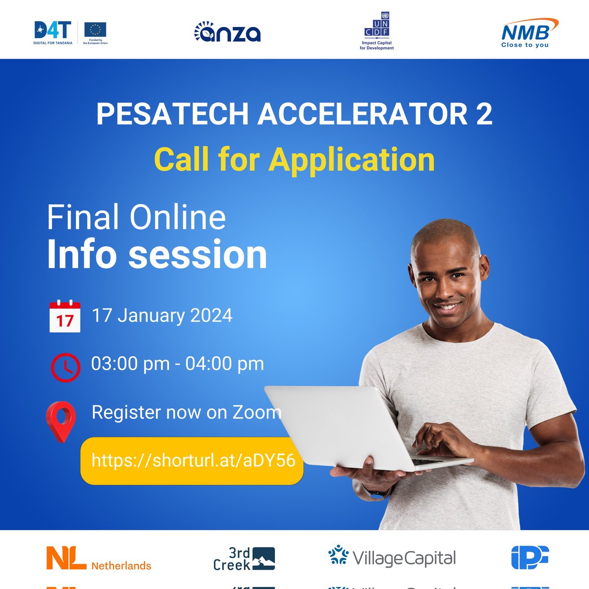 Join us for the PesaTech Accelerator 2 Final Online Info session. This is your last chance to dive into the future. Don't miss out on the Infosession on 17 January 2024. Registration link: shorturl.at/aDY56 @EUinTZ @AnzaInt @UNCDFdigital @NMBTanzania @3rdCreekGrants