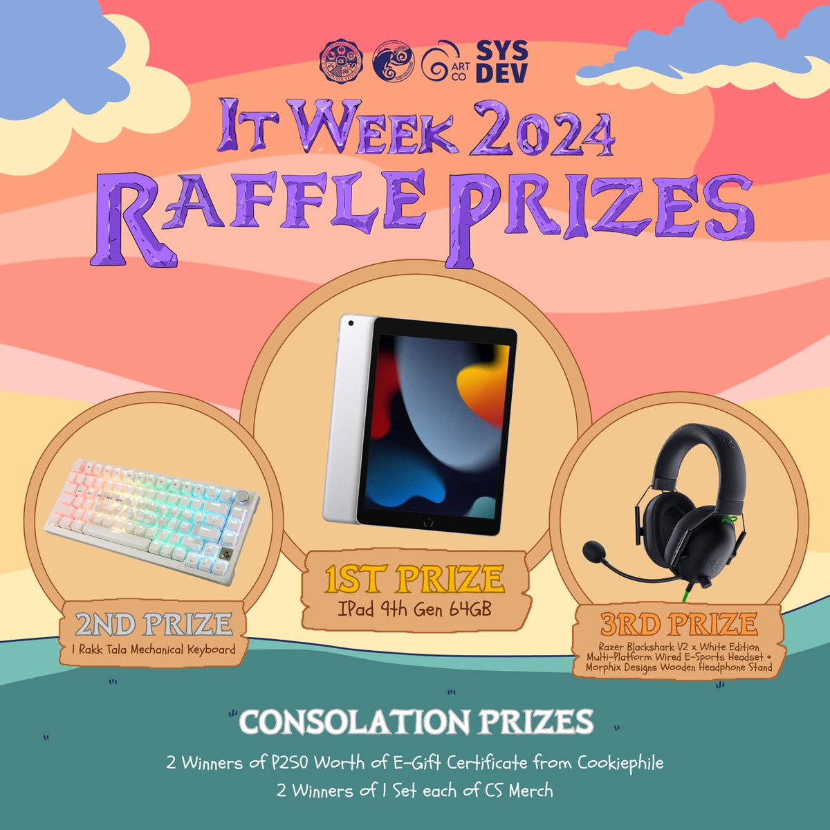 Lo and behold!🤩😲✨

Witness the prizes that await you in the IT Week 2024 Raffle! You have a chance to get your hands on one of these prizes with just ₱𝟭𝟬 𝗽𝗲𝗿 𝘁𝗶𝗰𝗸𝗲𝘁!🔥

Contact any CSSEC/SysDev/Artco officer to avail!💜

#itweek2024
#breakthrough💫